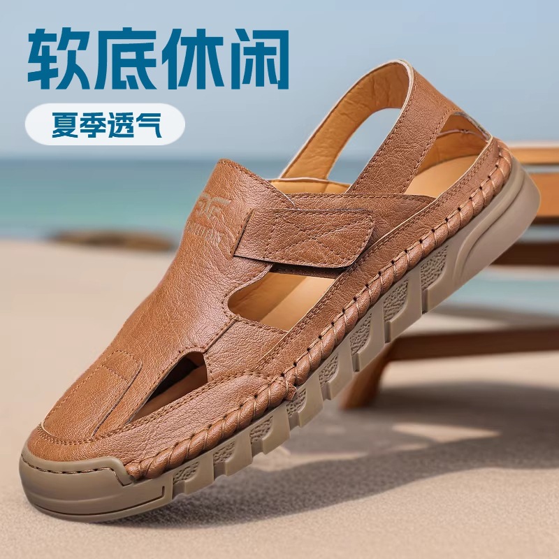 Men Shoes Velcro - Sandales en cuir perforées pour hommes,