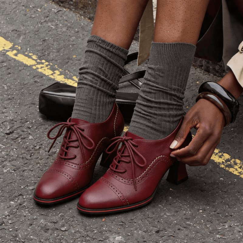 Oxford Brogue Leather - Chaussures Oxford à talons mi-hauts évasés